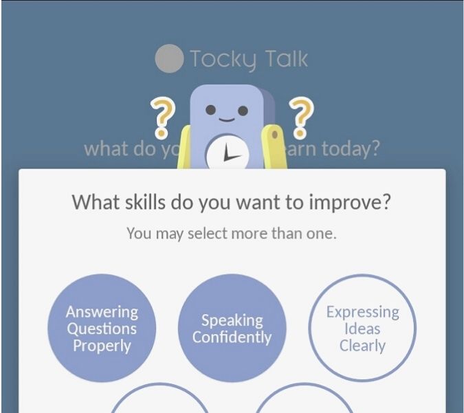 Screenshot of the onboarding process of Tocky Talk Android app where the user is asked for the skills they want to improve